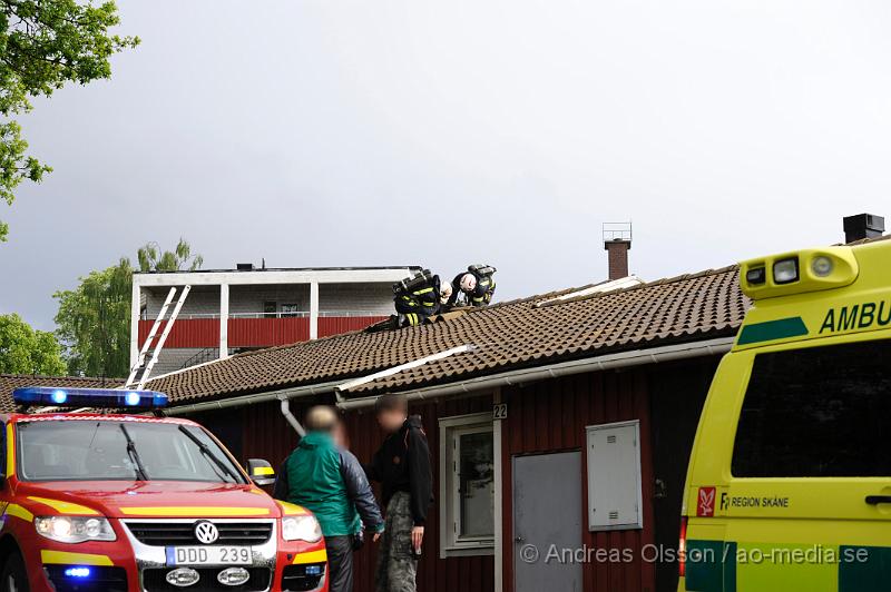 _DSC9125.JPG - Strax efter 18 tiden larmades räddningstjänsten från Perstorp och Hässleholm samt polis och ambulans till snickaregatan i Perstorp där man hade fått in larm om brand i ett av radhusen. På plats konstaterade man brand i köket och branden släcktes snabbt ner. Räddningstjänsten fick bryta upp en del på taket runt skorstenen samt inne i köket för att kontrollera att elden inte spridit sig. Det var en överhettad fritös som orsakade branden. Ingen person kom till skada.