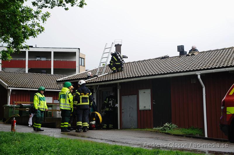 _DSC9131.JPG - Strax efter 18 tiden larmades räddningstjänsten från Perstorp och Hässleholm samt polis och ambulans till snickaregatan i Perstorp där man hade fått in larm om brand i ett av radhusen. På plats konstaterade man brand i köket och branden släcktes snabbt ner. Räddningstjänsten fick bryta upp en del på taket runt skorstenen samt inne i köket för att kontrollera att elden inte spridit sig. Det var en överhettad fritös som orsakade branden. Ingen person kom till skada.