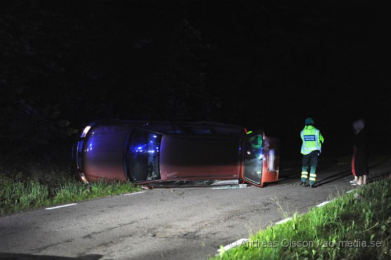 _DSC0116.JPG - Strax efter 23 larmades räddningstjänsten från Klippan och Åstorp samt ambulans och polis till Källnavägen strax utanför Östra Ljungby där man fått larm om att en personbil kört av vägen och hamnat på sidan. När räddningstjänsten kom fram var bilen tom och enligt vittne på platsen hade man sett fyra personer springa från platsen. Vittnen ska även ha sagt att bilen kom körandes i mycket hög fart och förlorat kontrollen i en kurva. Det är oklart om någon av dem inblandade ådrog sig några skador.