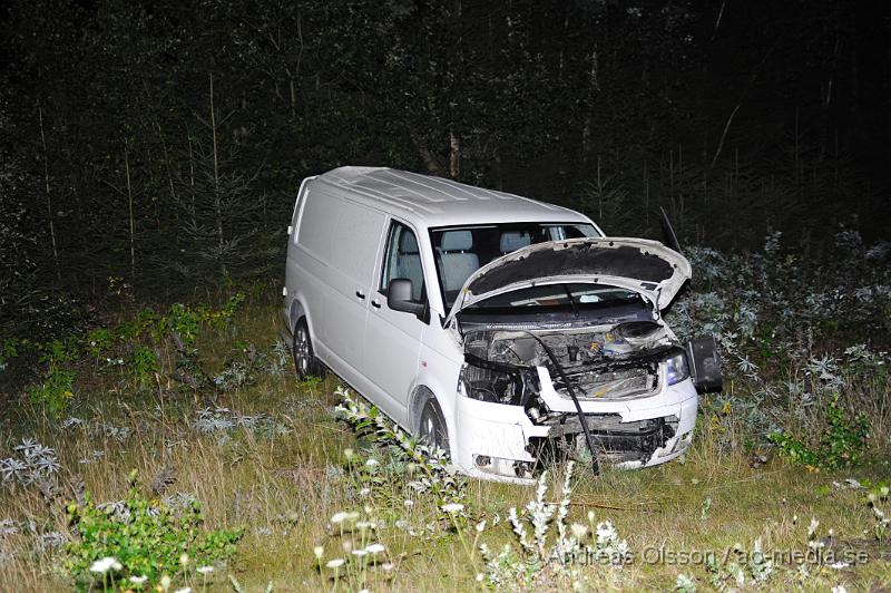 _DSC1702.JPG - Vid 02.50 larmades räddningstjänst, ambulans och polis till E4an i höjd med Mölletofta där en skåpbil som kom i södergående riktning kört in i mitt räcket och voltat över på norrgående körbana och hamnat i diket. En person befann sig i bilen och denna hade tagit sig ut på egen hand när räddningspersonal kom fram till platsen. Personen fördes med ambulans till sjukhus, oklart hur allvarligt skadad. Ett körfält i norrgående och ett i södergående fick stängas av under räddnings arbetet.