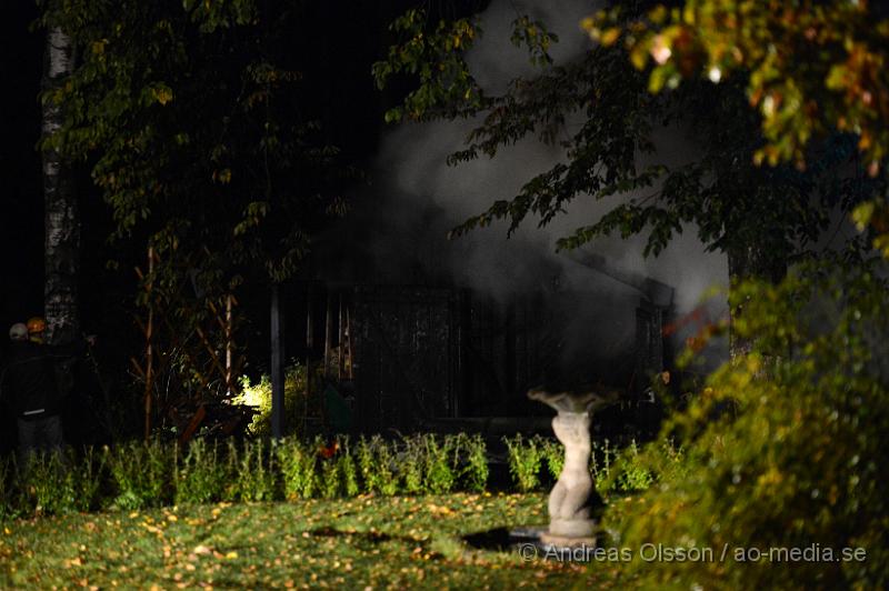 DSC_1490.JPG - Strax innan 00:00 på måndagskvällen larmades räddningstjänsten, ambulans och polis till Killhult i Skånes Fagerhult där det inkommit ett larm om att en fristående byggnad brann, vid framkomst va det fullt utvecklad brand. I byggnaden fanns bla ett släp och en hel del ved, ca  5-6 kubikmeter. Det gjorde att branden blev väldigt svår att släcka helt då vattnet inte kom åt överallt och man fick ta in en hjullastare som kunde få ut veden så man kunde släcka ner det ordentligt. Det är oklart hur branden starta men man misstänker att den är anlagd.