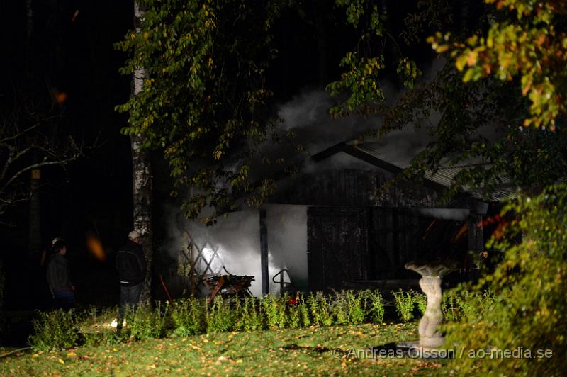 DSC_1494.JPG - Strax innan 00:00 på måndagskvällen larmades räddningstjänsten, ambulans och polis till Killhult i Skånes Fagerhult där det inkommit ett larm om att en fristående byggnad brann, vid framkomst va det fullt utvecklad brand. I byggnaden fanns bla ett släp och en hel del ved, ca  5-6 kubikmeter. Det gjorde att branden blev väldigt svår att släcka helt då vattnet inte kom åt överallt och man fick ta in en hjullastare som kunde få ut veden så man kunde släcka ner det ordentligt. Det är oklart hur branden starta men man misstänker att den är anlagd.