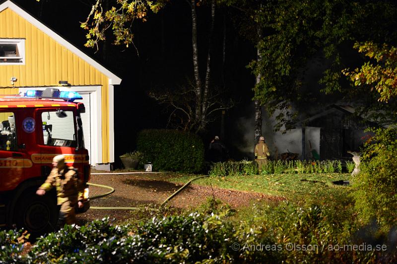 DSC_1496.JPG - Strax innan 00:00 på måndagskvällen larmades räddningstjänsten, ambulans och polis till Killhult i Skånes Fagerhult där det inkommit ett larm om att en fristående byggnad brann, vid framkomst va det fullt utvecklad brand. I byggnaden fanns bla ett släp och en hel del ved, ca  5-6 kubikmeter. Det gjorde att branden blev väldigt svår att släcka helt då vattnet inte kom åt överallt och man fick ta in en hjullastare som kunde få ut veden så man kunde släcka ner det ordentligt. Det är oklart hur branden starta men man misstänker att den är anlagd.