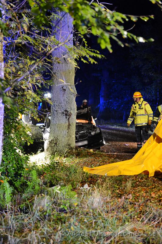 DSC_1513.JPG - Strax innan 00:30 tiden larmades räddningstjänst, ambulans och polis till Röglevägen strax utanför Ängelholm där en personbil kolliderat med ett träd. Räddningstjänsten fick klippa upp bilen för att få ut personerna på ett säkert sätt. Personerna fick föras till sukhuset med oklara skador.