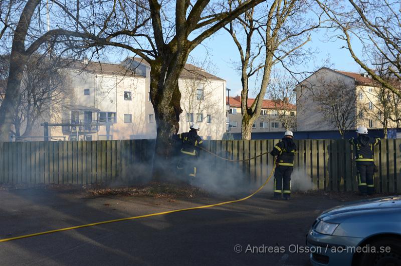 DSC_5258.JPG - Strax innan 19 larmades räddningstjänsten till Åbygatan i Klippan där man hade brand i gräs,träd och ett staket. Räddningstjänsten fick snabbt kontroll på branden.