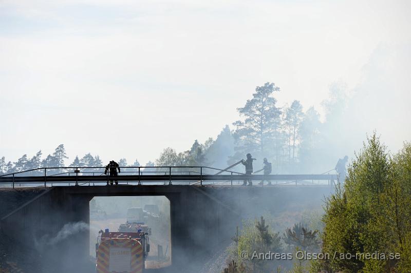 DSC_5876.JPG - Strax efter 14,30 larmades räddningstjänsten från Örkelljunga och Skånes Fagerhult till en brand i torvmossen, Flåsmyren. Branden visade sig vara av större omfattning och flera räddningstjänster larmades ut till platsen. Det visade sig att branden var av större omfattning än man trott och branden skulle pågå i flera dagar och ett område på omkring 500 000 kvm brann. Man tog hjälp av militären, helikopter, Räddningsfordon från runtomkring skåne för att arbeta med släckningnen. E4an fick stängas av i 2-3 dagar pga rökutvecklingen. Och trafiken fick ledas om genom gamla E4an. Inga personer ska ha skadats allvarligt i branden men värden för flera miljoner ska ha gått upp i rök. Under det intensivaste släckningsdagarna var man uppemot 100 personer som arbetade med branden, Brandmän,frivilliga och hemvärnet.