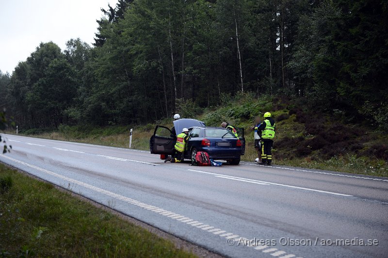 DSC_2158.JPG - Kl 20 larmades räddningstjänst, ambulans och polis till väg 21 i höjd med Hyllstofta där en personbil har kolliderat med en älg. Det färdades två personer i bilen och det är oklart vilka skador dessa fått. Ett körfält stängdes av under räddnings arbetet. Älgen ska ha sprungit ut i skogen efter krocken.