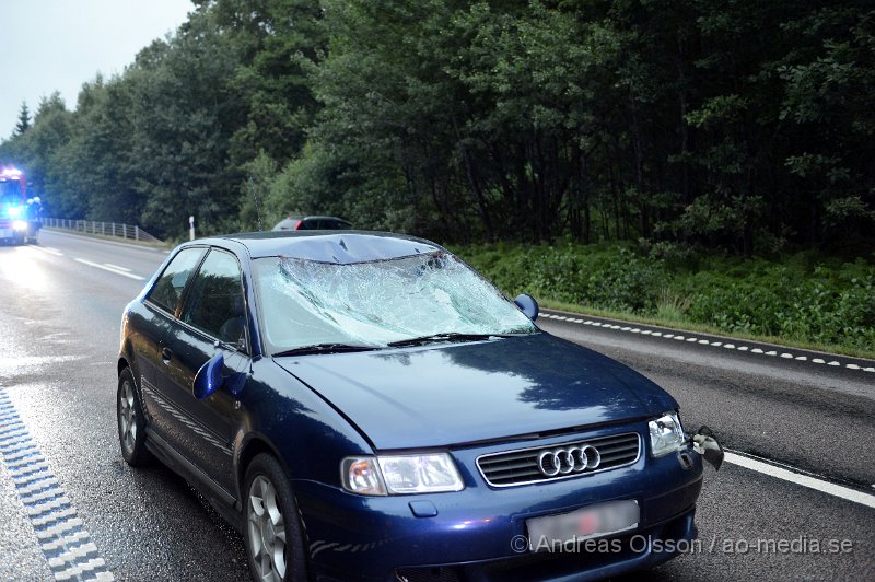 DSC_2163.JPG - Kl 20 larmades räddningstjänst, ambulans och polis till väg 21 i höjd med Hyllstofta där en personbil har kolliderat med en älg. Det färdades två personer i bilen och det är oklart vilka skador dessa fått. Ett körfält stängdes av under räddnings arbetet. Älgen ska ha sprungit ut i skogen efter krocken.