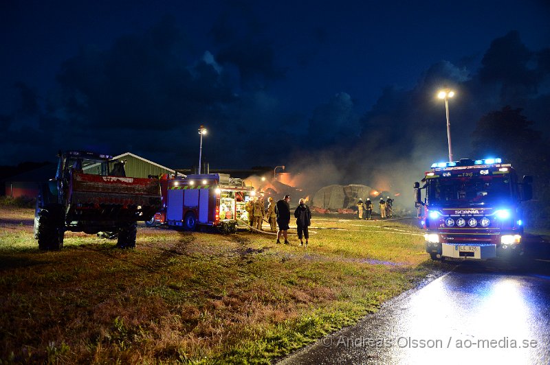 DSC_2359.JPG - Vid 02.40 larmades en stor räddningsstyrka till Lya utanför Båstad där ett stall brann. Hela byggnaden blev snabbt övertänd och ca 6 kalvar och två grisar brann inne, man lyckades rädda en kalv samt ca 140 kor som var i stallet brevid. Räddningstjänsten riktade in sig på att förhindra branden att sprida sig till bla boningshuset som låg väldigt nära stallet. Och det klara man med enbart lättare rök och vattenskador på villan. Ingen person ska ha kommit till skada.