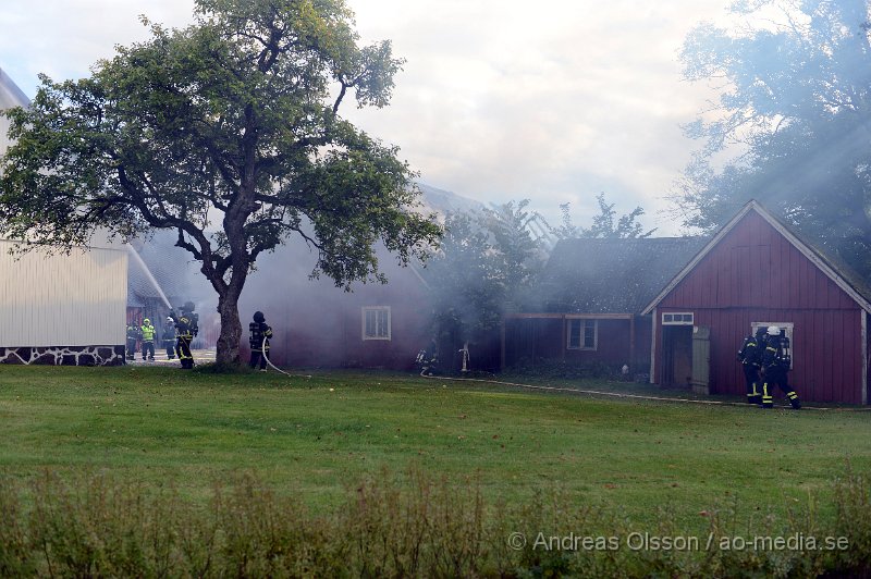 DSC_6034.JPG - Vid 14.40 larmades en större räddningsstyrka till Forsby strax utanför Klippan där man fått in larm om brand i en ladugård. Påväg till platsen såg man kraftig rökutveckling och framme på plats kunde man konstatera att det var en fullt utvecklad brand i ladugården som låg precis intill boningshuset. I ladugården fanns det hönor,Kycklingar och kaniner. Man hann få ut och rädda en del hönor men flera kycklingar samt en eller flera kaniner klarade sig inte undan lågorna. Branden hade fått sånt fäste i byggnaden att räddningstjänsten inriktade sig på att förhindra branden att sprida sig till närliggande byggnader och detta lyckades man med, dock brann hela ladugården ner. Inga personer ska ha skadats i olyckan.