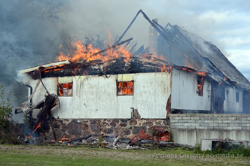 DSC_6041.JPG - Vid 14.40 larmades en större räddningsstyrka till Forsby strax utanför Klippan där man fått in larm om brand i en ladugård. Påväg till platsen såg man kraftig rökutveckling och framme på plats kunde man konstatera att det var en fullt utvecklad brand i ladugården som låg precis intill boningshuset. I ladugården fanns det hönor,Kycklingar och kaniner. Man hann få ut och rädda en del hönor men flera kycklingar samt en eller flera kaniner klarade sig inte undan lågorna. Branden hade fått sånt fäste i byggnaden att räddningstjänsten inriktade sig på att förhindra branden att sprida sig till närliggande byggnader och detta lyckades man med, dock brann hela ladugården ner. Inga personer ska ha skadats i olyckan.