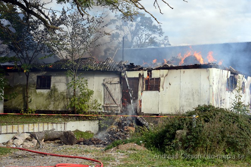 DSC_6054.JPG - Vid 14.40 larmades en större räddningsstyrka till Forsby strax utanför Klippan där man fått in larm om brand i en ladugård. Påväg till platsen såg man kraftig rökutveckling och framme på plats kunde man konstatera att det var en fullt utvecklad brand i ladugården som låg precis intill boningshuset. I ladugården fanns det hönor,Kycklingar och kaniner. Man hann få ut och rädda en del hönor men flera kycklingar samt en eller flera kaniner klarade sig inte undan lågorna. Branden hade fått sånt fäste i byggnaden att räddningstjänsten inriktade sig på att förhindra branden att sprida sig till närliggande byggnader och detta lyckades man med, dock brann hela ladugården ner. Inga personer ska ha skadats i olyckan.