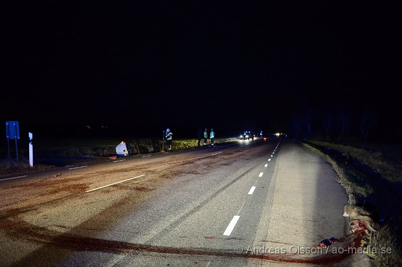 DSC_6362.JPG - Vid 06,10 larmades räddningstjänst,ambulans och polis till väg 13 strax utanför Klippan där en skåpbil kolliderat med ett vildsvin. Vildsvinet dog direkt vid kollisionen och skåpbilen körde ner i diket på andra sidan vägen och la sig på sidan. Ingen person ska ha skadats vid olyckan, vägen var delvis avstängd under räddningsarbetet.